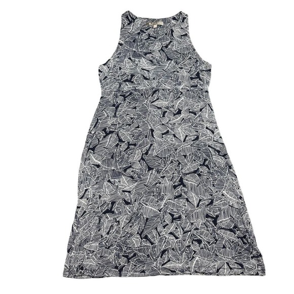 Athleta Women's Small S Leaf Print Sleeveless Fit Flare Midi Dress Blue White - Picture 2 of 9